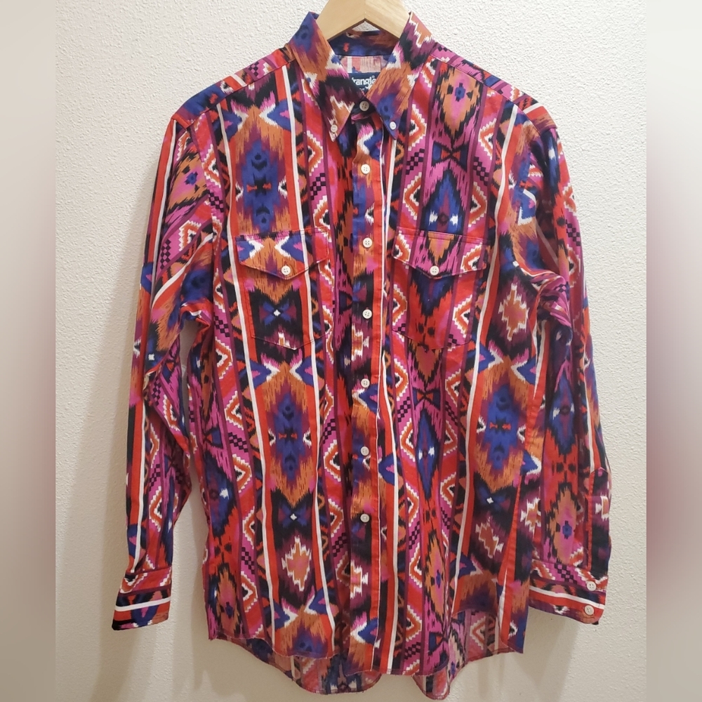 Vtg Wrangler Aztec Brushpopper Western Cowboy Cut 16 1/2 34 X Long Tails Button